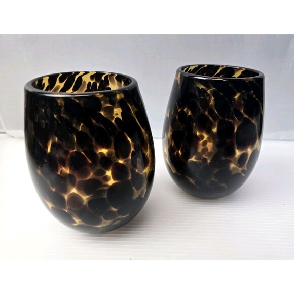 Hand Blown Stemless Tortoise Shell Wine Glass Amber Leopard Pattern Set of 2 - Picture 6 of 12